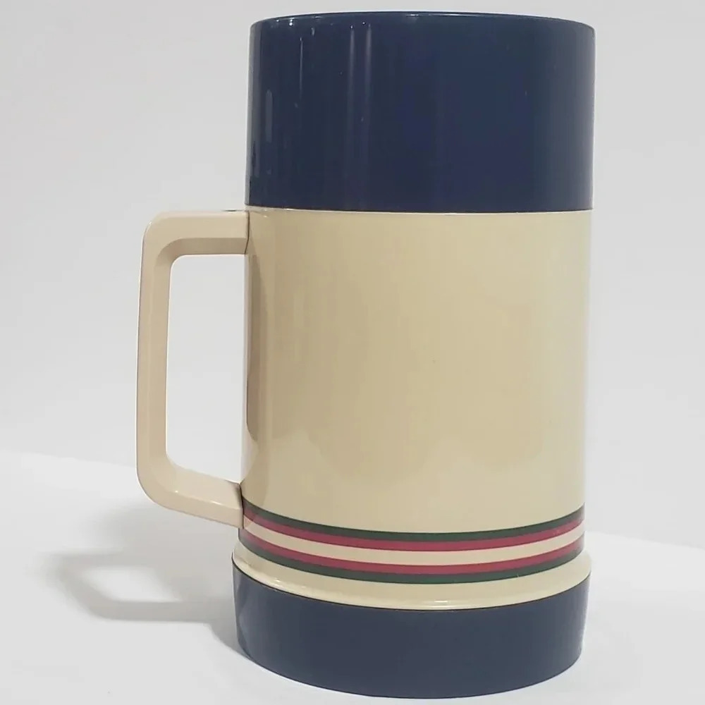 Vintage 1980s Aladdin Cream and Navy Blue Striped Wide Mouth Thermos.